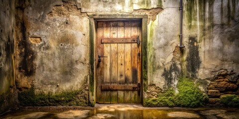 A weathered wooden door stands in a crumbling stone wall, overgrown with moss and accented by a rusted pipe, creating a scene of forgotten beauty and quiet decay.