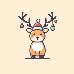 Cute Festive Deer Illustration with Christmas Hat and Ornaments