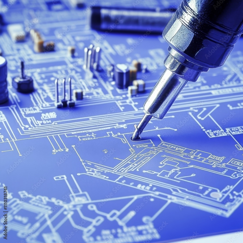 Fototapete electronic components and tools on an engineering blueprint for circuit board design.