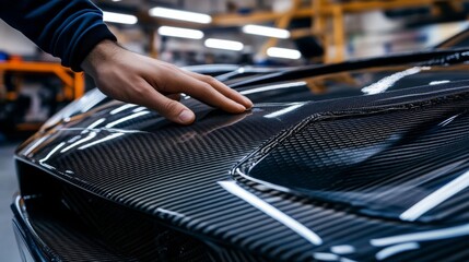Close-up person  hand touching hood car carbon fiber wrap