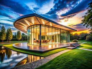Fototapeta premium Evening Serenity: An Ultramodern Pavilion Surrounded by Lush Green Spaces and Panoramic Windows Under a Stunning Twilight Sky