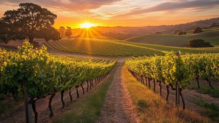 Naklejka premium Beautiful landscape vineyard sunset sky filled orange yellow A panoramic scene