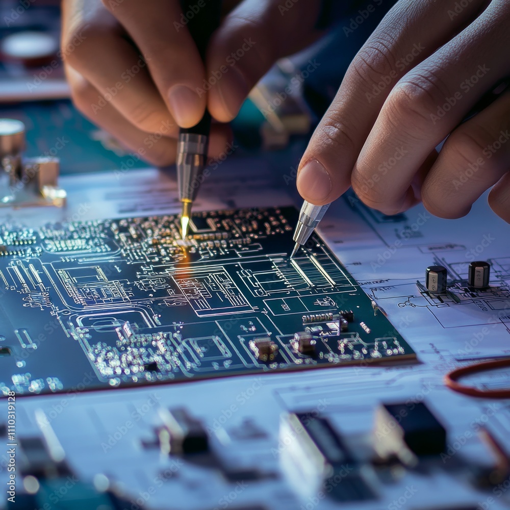 Poster electronic board, magnifying glass and tweezers on background of schematic circuit diagram. concept 