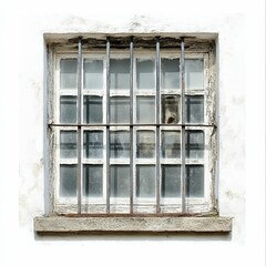 Old weathered window, barred, paneled, decaying frame.