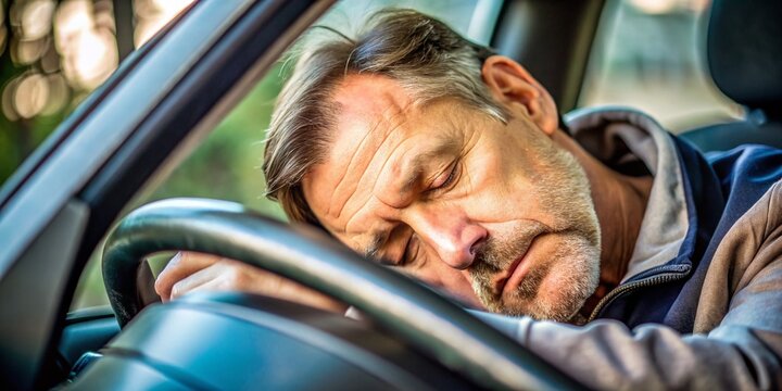 Exhausted middle-aged man resting in car with head on steering wheel, conveying stress and sadness in a high depth of field setting, showcasing a moment of vulnerability and fatigue.