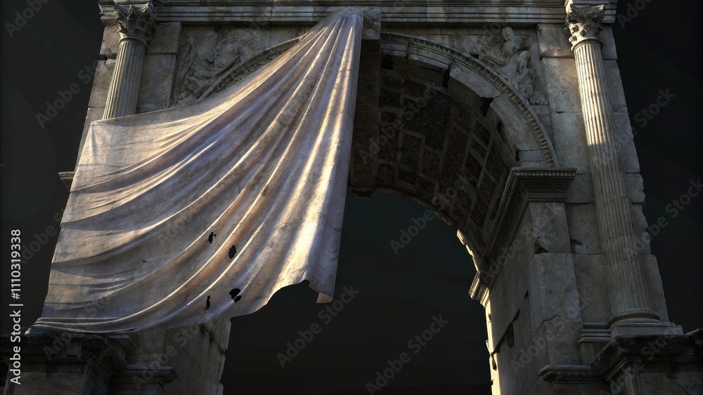 Poster A beautifully aged veil with signs of wear and tear is shown midrip against a backdrop of an ancient stone arch. Fragments are suspended in the air catching the light as it streams. Cartoon