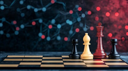 A chessboard features a red king and a yellow pawn against a dark, patterned background, symbolizing strategy and competition.