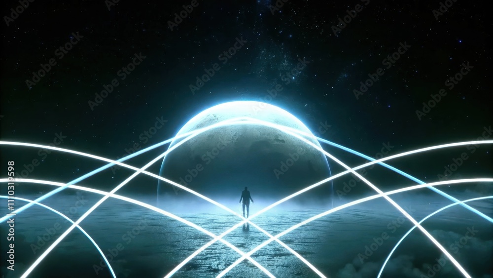 Poster A celestial body pulsates in deep blues and violets surrounded by a halo of stardust. Threads of light arch toward the foreground weaving through the air and merging into a figure. Cartoon