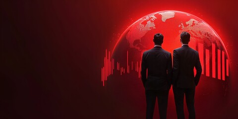 Two figures in suits stand before a glowing red globe, symbolizing global impact, business, and technology in a modern, stylized setting.