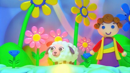 A childrens book illustration presents the Good Shepherd in a whimsical fairytale style. The shepherd wears a colorful tunic while the lamb is animated with oversized eyes and a. Cartoon