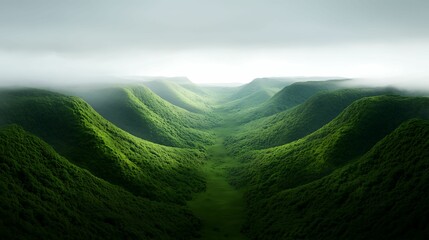 Fototapeta premium Natural transpiration. Lush green valleys stretch beneath a foggy sky, creating a serene and tranquil landscape rich in natural beauty.