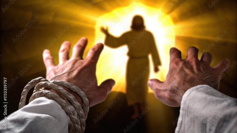 Poster A closeup of a mans hands reaching toward the light still bound in linen. The background depicts a silhouetted figure radiant and powerful calling with a voice that resonates. Cartoon