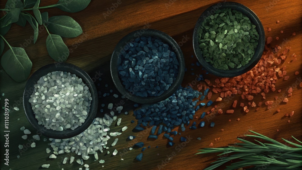 Poster A closeup of grains of co sea salt tered on a dark wooden surface glimmering under soft natural light highlighting the unique textures and shapes of each crystal. This image. Cartoon
