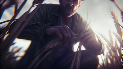A closeup of a farmer kneeling in the middle of a wheat field his hands gripping both wheat stalks and tare plants. His face shows a mixture of concern and contemplation as he. Cartoon