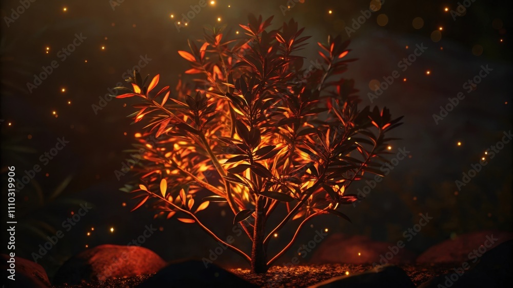 Poster A closeup of the burning bush showing the intricate details of the leaves illuminated by the flickering flames. The fire dances around the branches casting a warm glow and creating. Cartoon