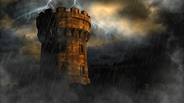 A craggy tower with a weathered facade is buffeted by fierce winds that whip around it accompanied by roaring thunder. The clouds churn menacingly creating a dramatic backdrop.. Cartoon