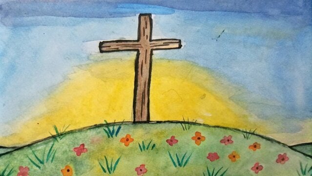 A cross made of roughhewn timber stands prominently on an isolated hill under the awakening sky. The suns first rays spill over the horizon the earth in a warm glow. The cross. Cartoon