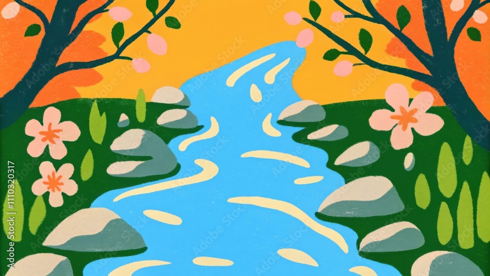 Poster A crystalclear river cascades over smooth rocks creating gentle rapids that sparkle in the ambient light. On either side blossoming flora enhances the beauty with colorful petals. Cartoon