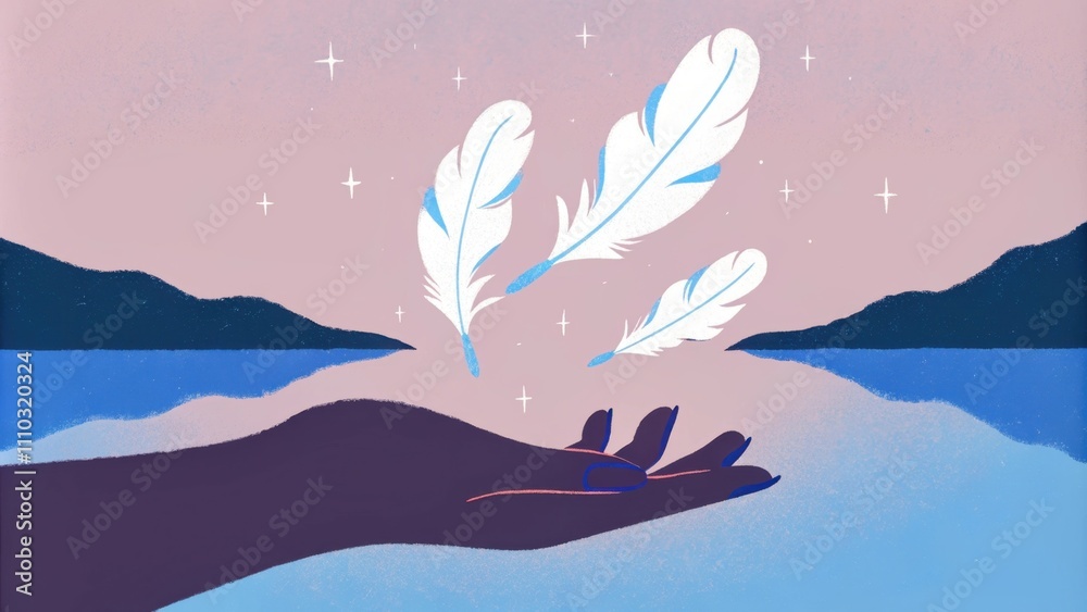 Poster a delicate hand adorned with shimmering feathers glides downward through a sky filled with soft past
