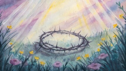 A crown of thorns lying gently a vibrant wildflowers in a serene meadow. The contrast between the harshness of the thorns and the softness of the flowers conveys a powerful message. Cartoon