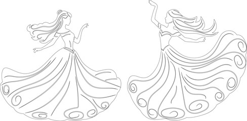 princesses dancing in beautiful dresses sketch, outline, vector