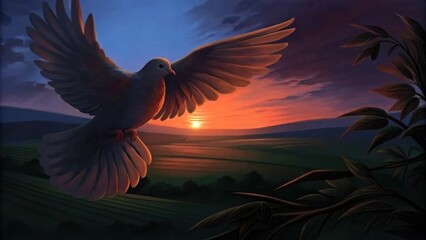 Obraz premium A dove soars above a field during a gentle breeze its feathers ruffled slightly by the wind. The sun sets in the distance painting the sky in soft hues of lavender and gold while. Cartoon