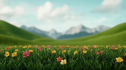 Fototapeta premium Natural transpiration. A vibrant landscape showcasing colorful flowers in a grassy field, framed by majestic mountains and a clear blue sky.