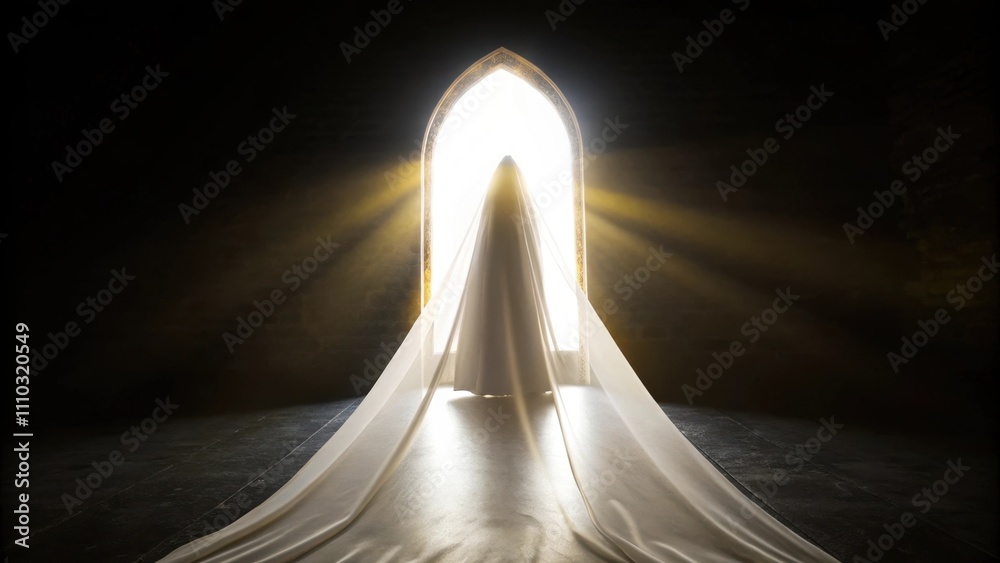 Poster a flowing veil is depicted stretching across a pointed archway poised at the moment it begins to rip