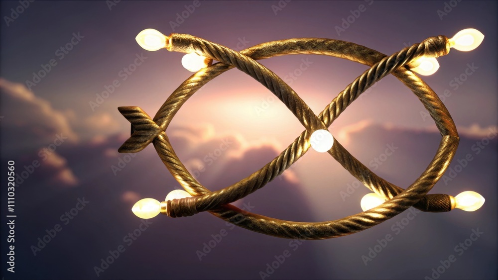 Poster a fish symbol made of shimmering gold metallic wire entwined with small light bulbs that cast a warm