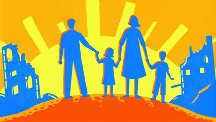 A family stands on a small hill overlooking the ruins of a onceglorious city holding hands in unity. The parents point out landmarks to their children as they share stories of the. Cartoon