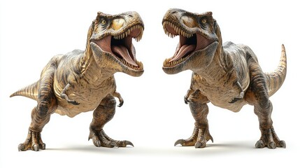 Two roaring dinosaurs depicted in a dynamic pose, showcasing their fierce appearance.