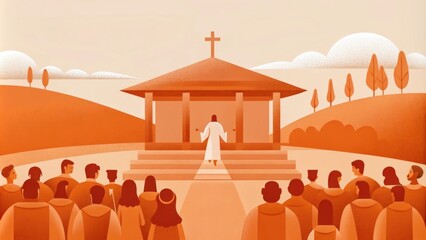 A final scene depicting the gathering beginning to disperse the crowd rising energized and contemplative. Some individuals turn back for a last glance at the figure their faces. Cartoon