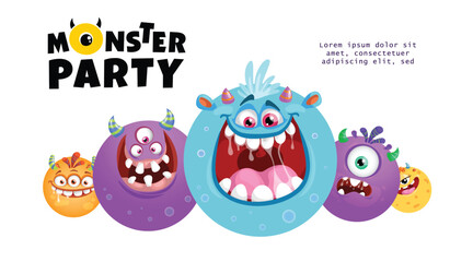 Monster Party banner design template. Cute cartoon monster balls mascots. Best for invitations, greeting cards etc. Vector illustration.