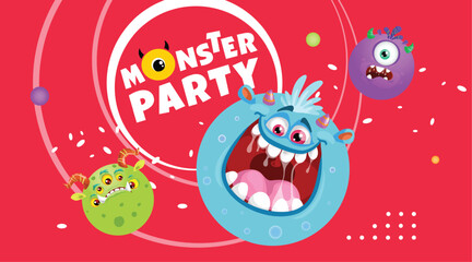 Monster Party banner design template. Cute cartoon monster balls mascots. Best for invitations, greeting cards etc. Vector illustration.