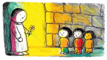Against the backdrop of ancient stone walls a humble figure stands tall gazing down at a child holding a small flower. The childs eyes shine brightly with innocence and faith while. Cartoon