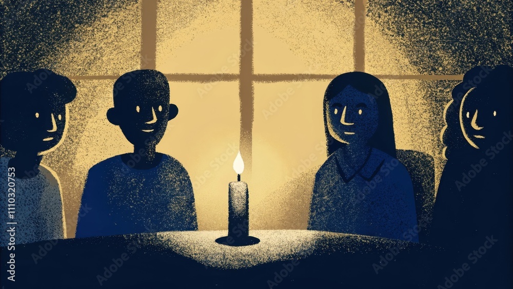 Poster a group of individuals gathered around a flickering candle in a shadowy room their faces aglow with 