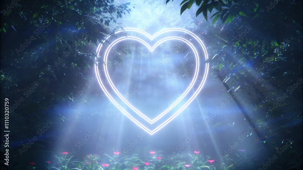 Poster A heart enveloped in a halo of pure white light floats in a sundrenched meadow. The sunbeams filter through the leaves of surrounding trees creating spots of brightness that dance. Cartoon
