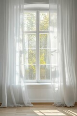 Sheer curtains frame sunlit window, autumn trees.