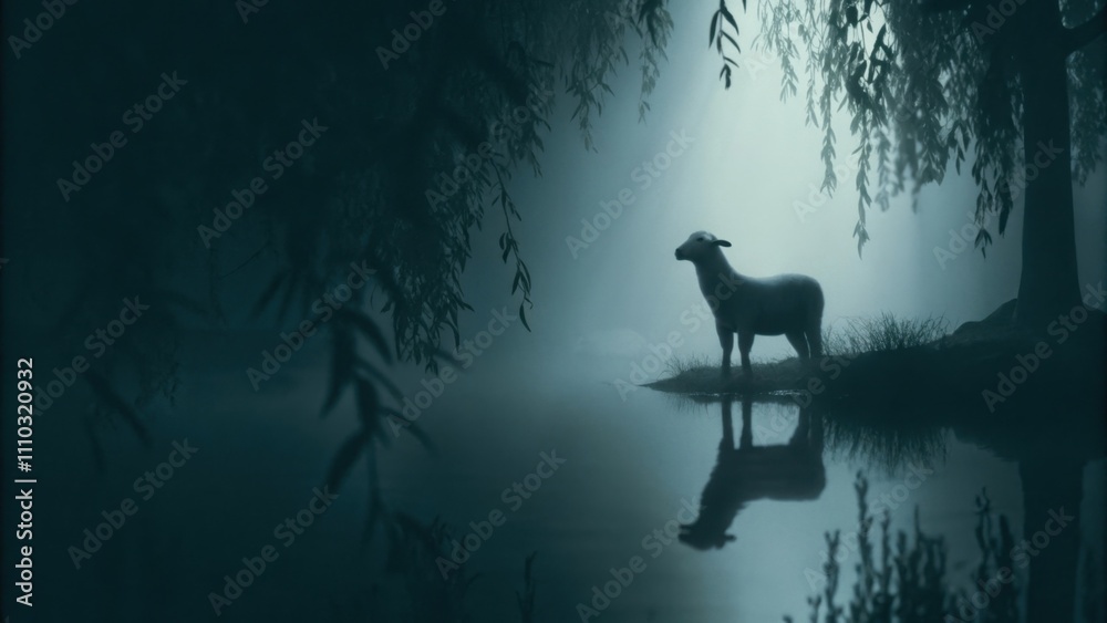 Poster A lone lamb stands at the edge of a tranquil pond surrounded by willows its reflection visible in the water. The entire area is bathed in soft light creating a dreamlike quality as. Cartoon