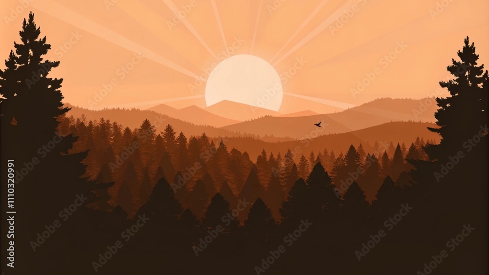 Poster A majestic sun rises above a quiet forest enveloping the trees in a soft ethereal light. Shafts of golden sunlight pierce through the branches creating a heavenly glow that bathes. Cartoon