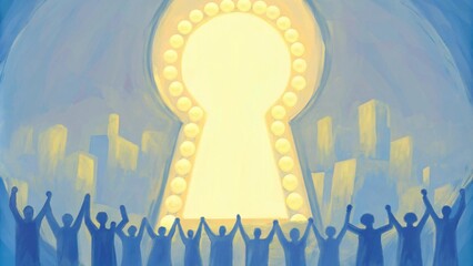 A magnificent vision arises with a luminous city in the background its gates made of shimmering pearls. In the foreground men and women of diverse backgrounds stand united arms. Cartoon