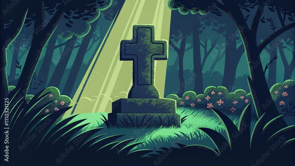 Poster an ancient stone cross covered in moss and lichen stands in the heart of a serene forest. sunlight b