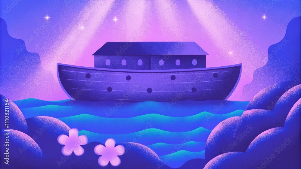 Poster an ark rendered in soft pastels gently glides over fluid waters that shift seamlessly between shades