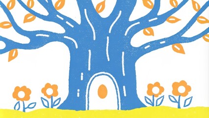 Fototapeta premium An ancient tree of life stands guard over a sacred space its gnarled branches cradling luminous fruit that radiates a soft inviting warmth. The bark is covered with beautiful. Cartoon