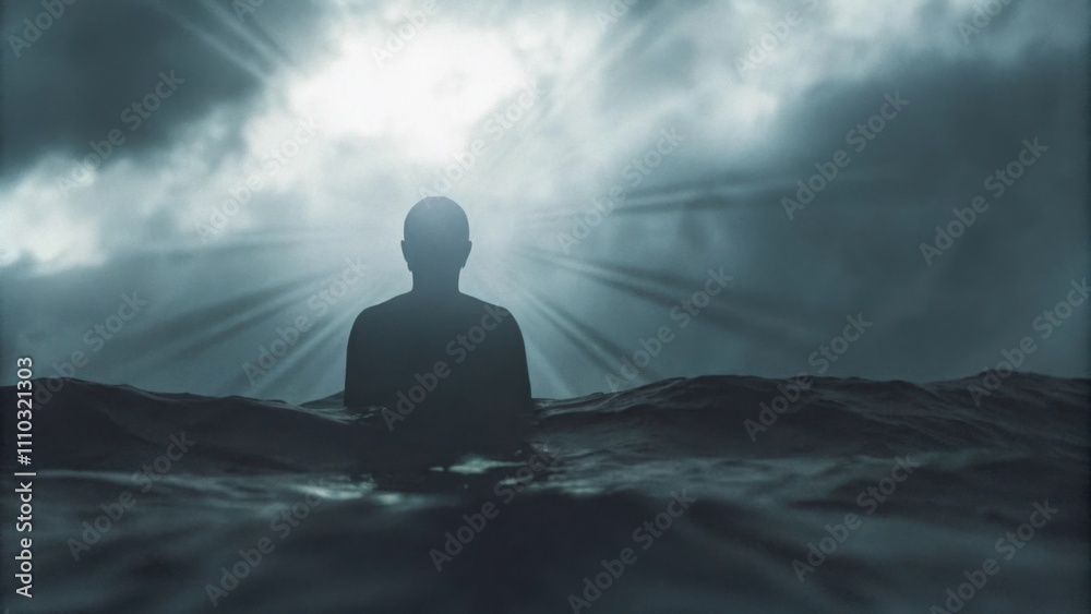 Poster An enigmatic silhouette depicted against turbulent waters creating a stark contrast to the chaos around it. Dark clouds loom above while rays of light break through them. Cartoon