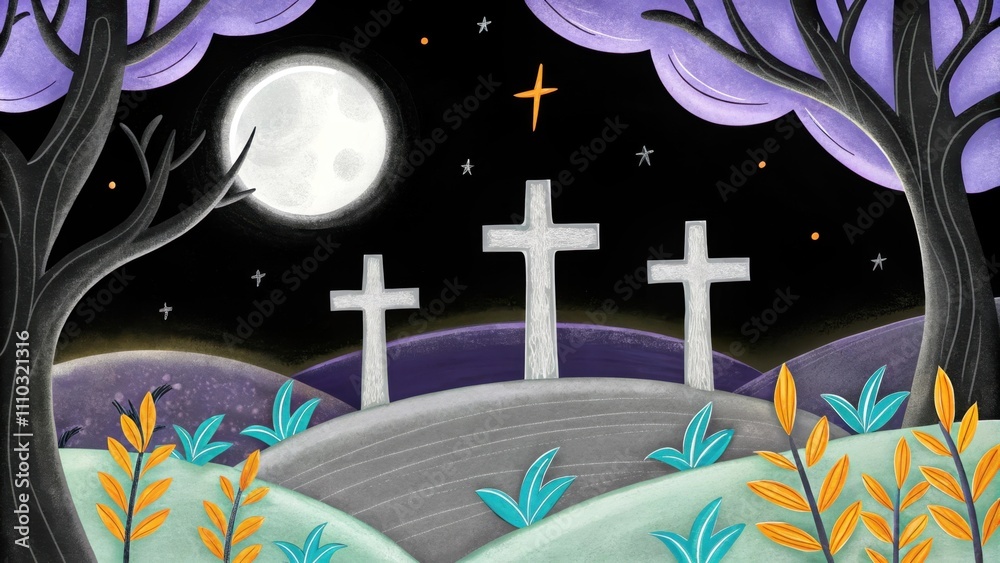 Poster a night scene illuminated by moonlight where the stark outlines of the three crosses loom in the dar