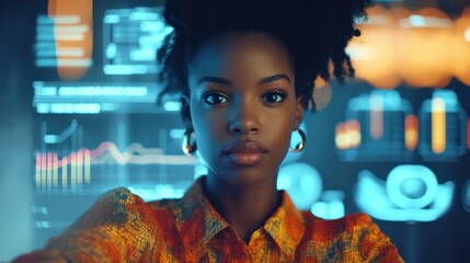 African American woman using virtual dashboard to predict emerging market trends