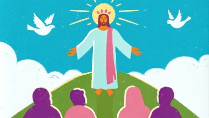 Fototapeta premium An ethereal scene unfolds with Jesus standing on a hilltop surrounded by a vibrant aura of colors. His crown glows with an otherworldly shine while his robe flows gracefully in the. Cartoon