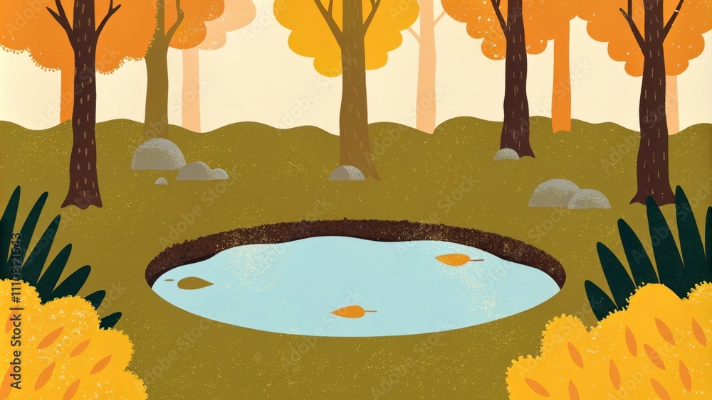 Poster a quiet forest glade with a small pond the surface reflecting the vibrant colors of autumn foliage. 