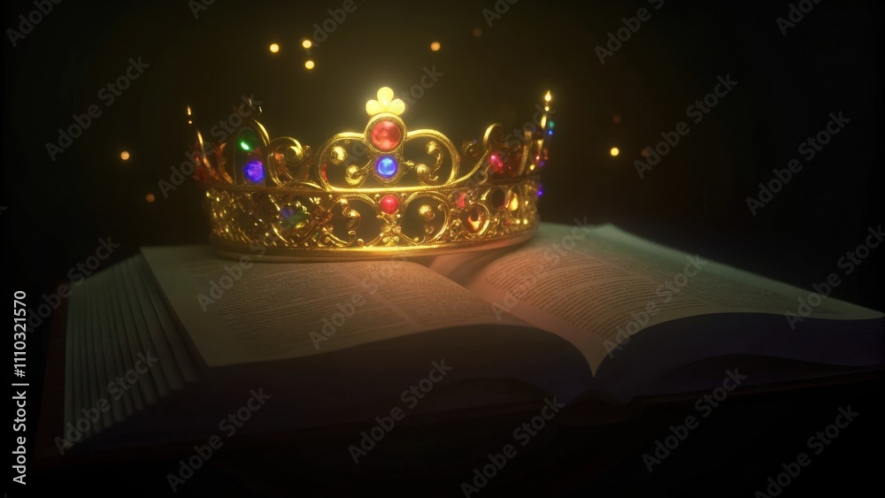 Aufkleber A radiant crown embellished with vivid gemstones of red green and blue p delicately on an open book of scripture. The pages of the book flutter gently as if a breeze has passed. Cartoon